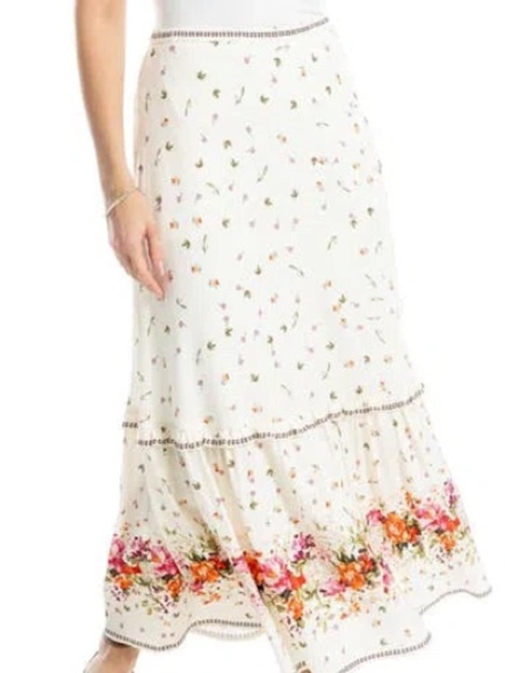 Max Studio Cream Maxi Skirt with Pink & Orange Floral Hem